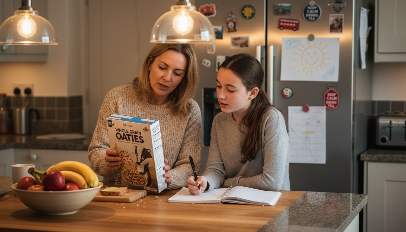 Mother and daughter checking food labels together
