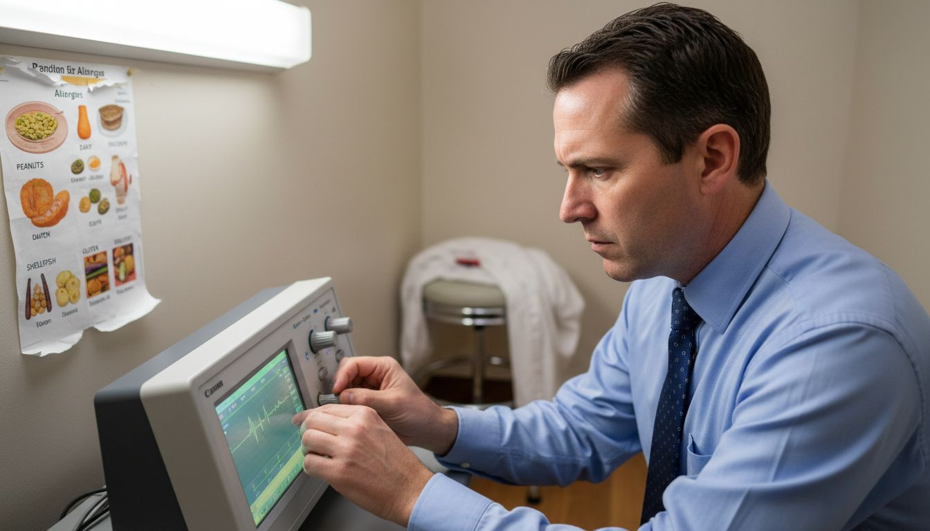 Technician operating bio-resonance testing equipment