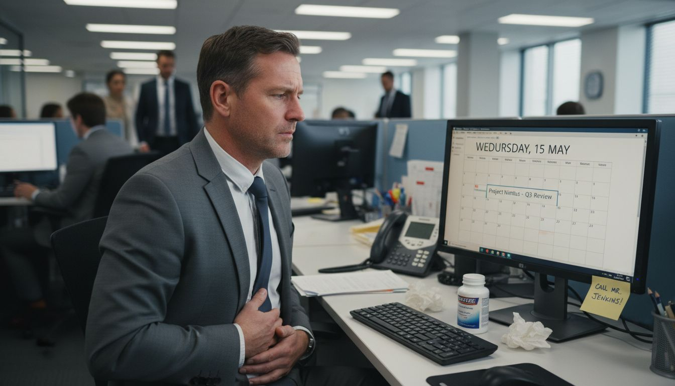 Office worker experiencing digestive discomfort