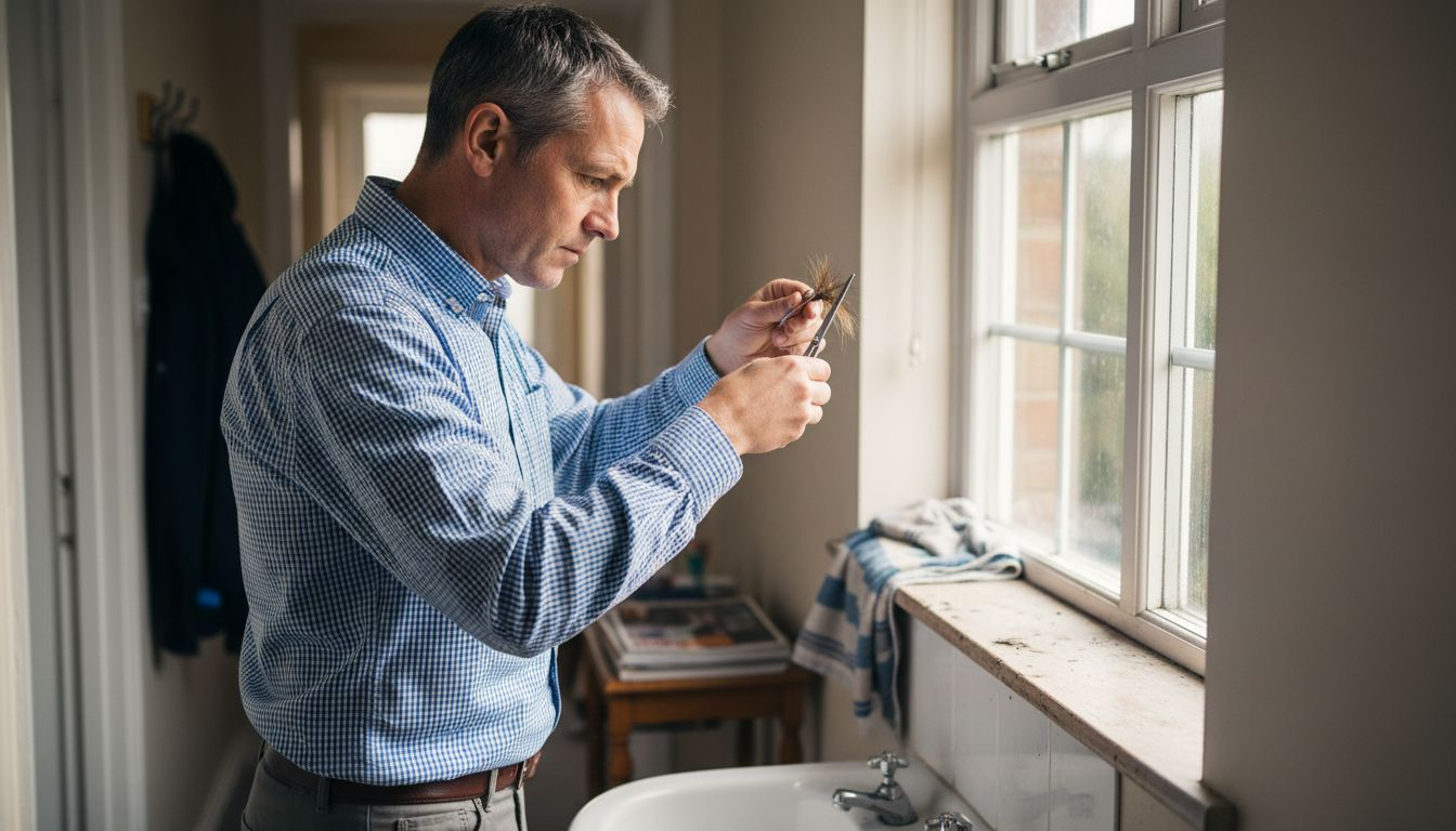 Man trimming hair sample in hallway daylight