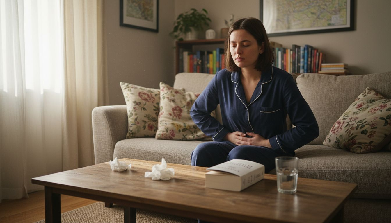 Woman experiencing stomach discomfort at home