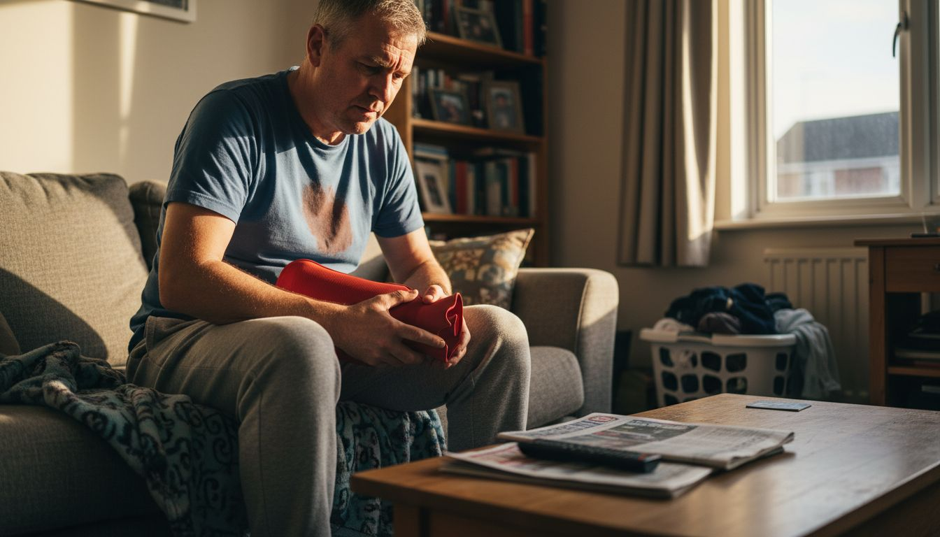 Man with joint pain on living room sofa