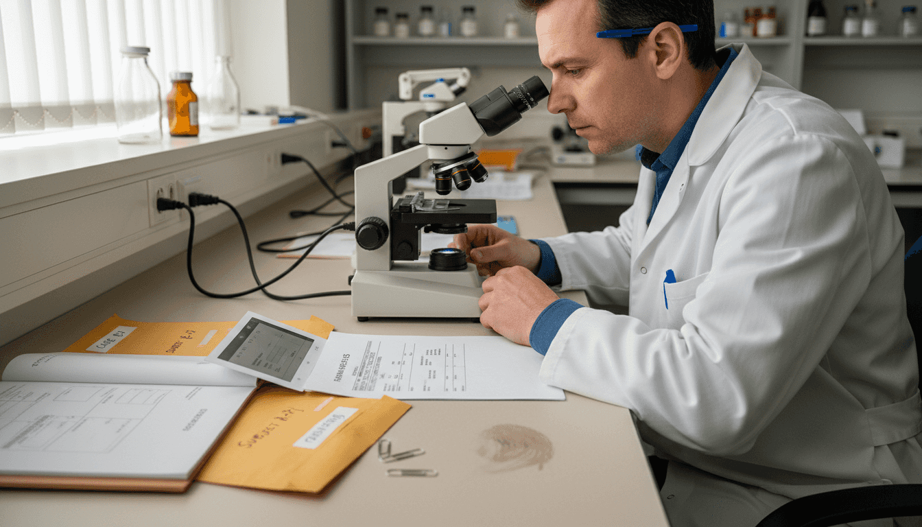 Technician analyzing hair sample in laboratory