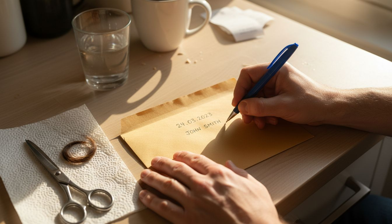 Hands labeling hair sample envelope for mailing
