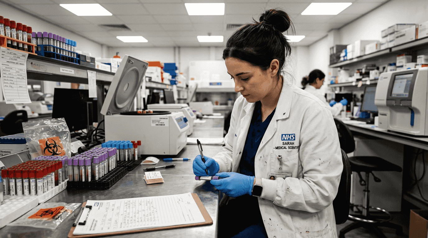 Lab technician labeling blood vials in laboratory