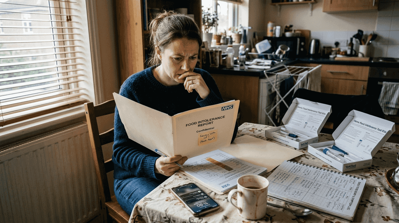 Woman reviews test results in flat