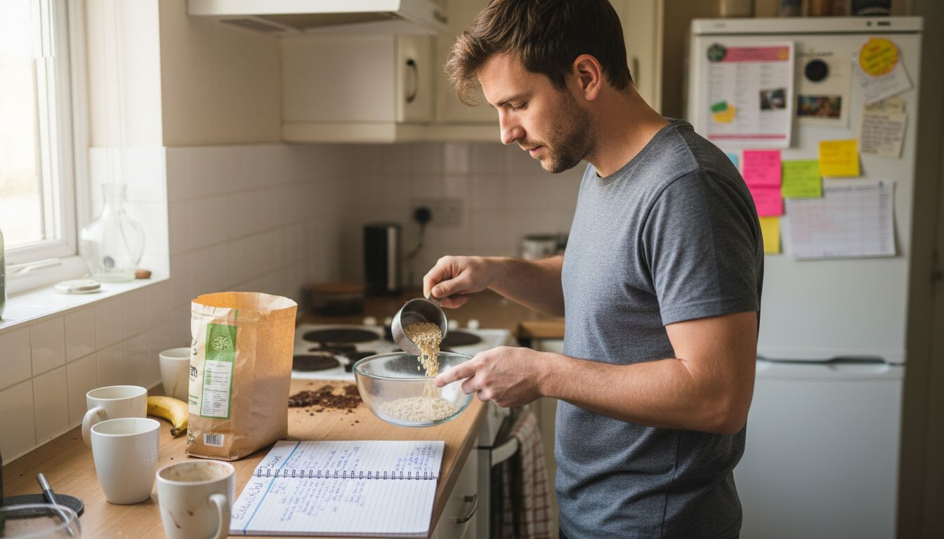 Man recording elimination diet in home kitchen