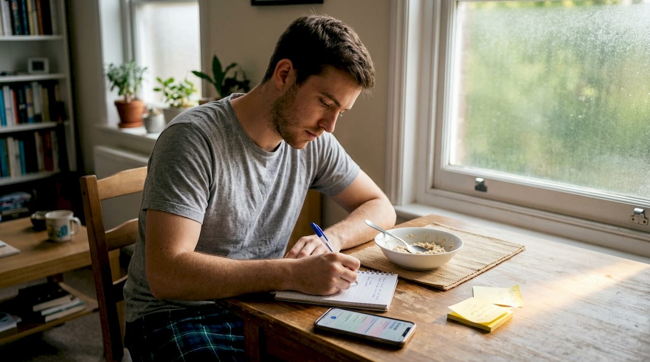Man keeping food and symptoms diary before test