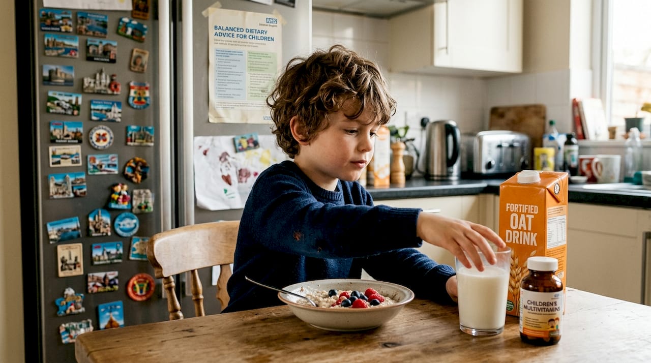 Child taking vitamin D and calcium breakfast
