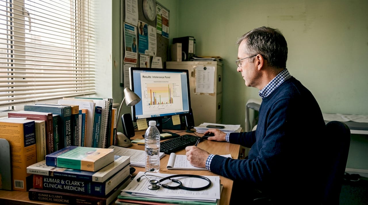 GP reviewing intolerance screening chart in office