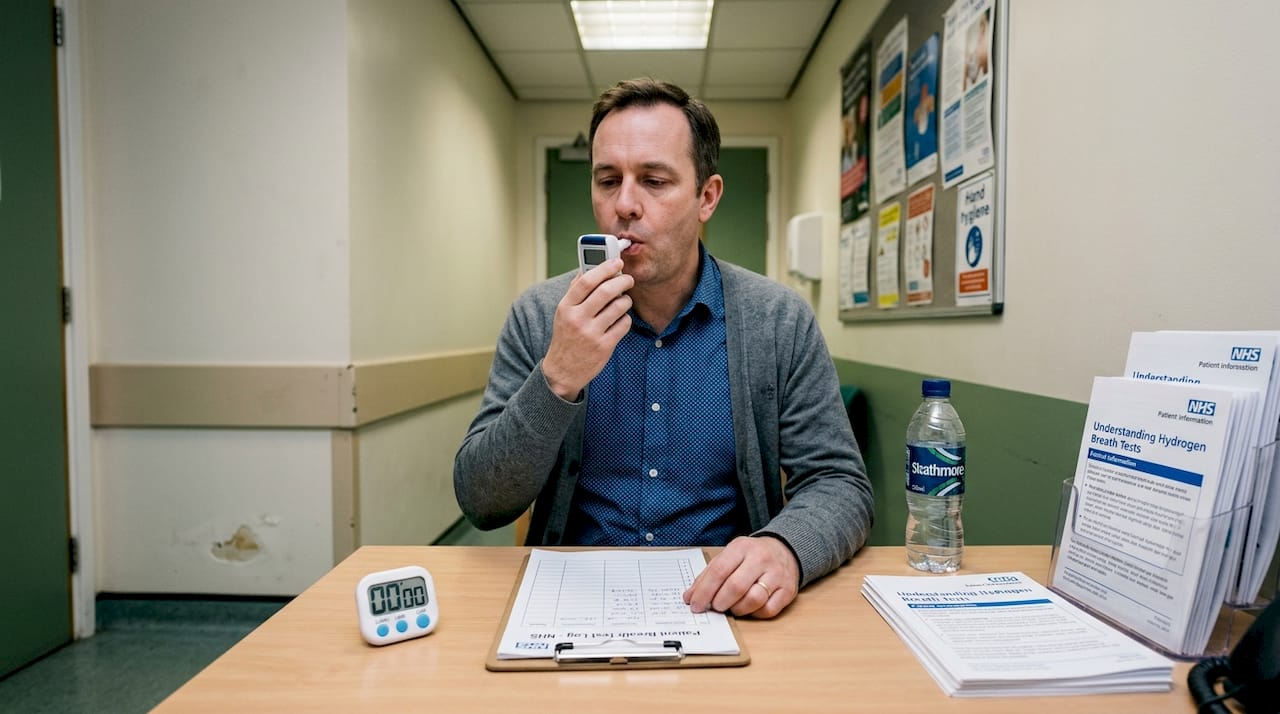 Man taking hydrogen breath test at NHS clinic