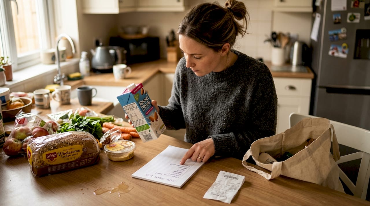 Woman checking food labels for safe choices