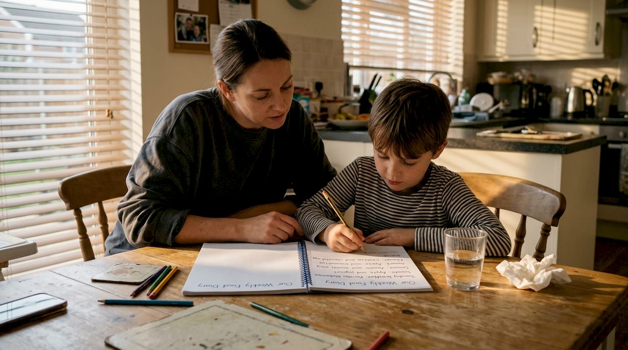 Parent and child write food diary together