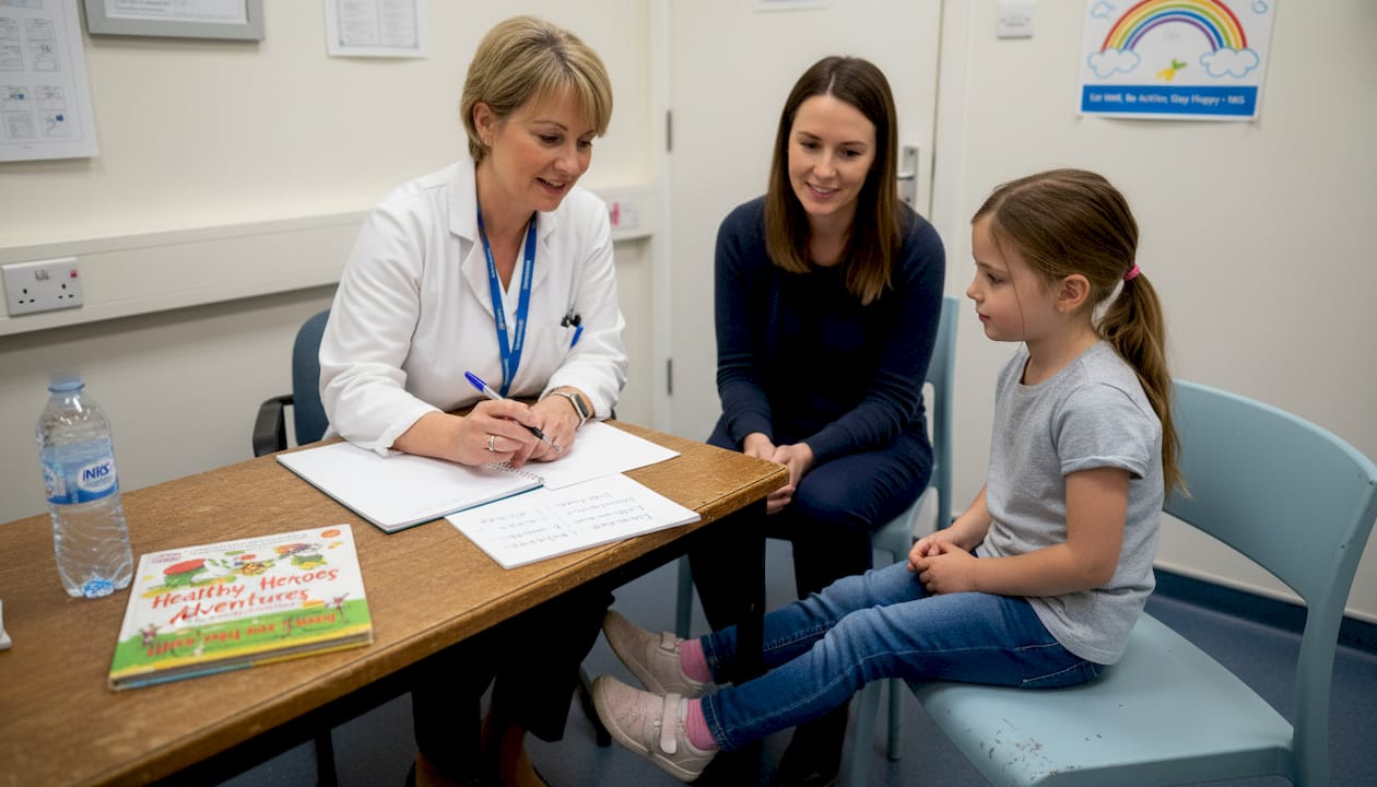 Doctor consulting with parent and child at clinic desk
