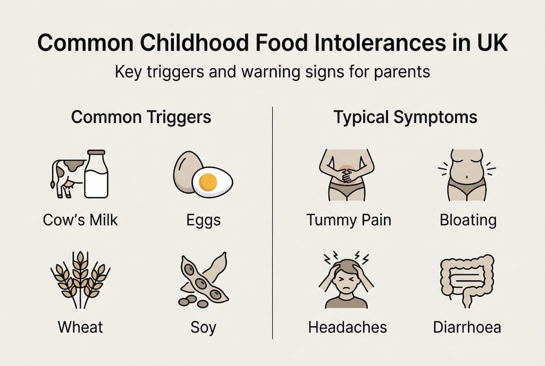 Infographic of UK childhood food intolerance triggers and symptoms