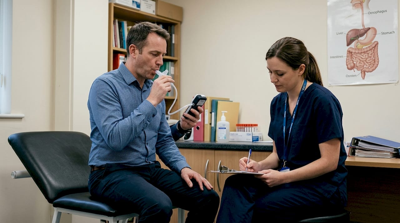 Patient undergoing hydrogen breath test in clinic