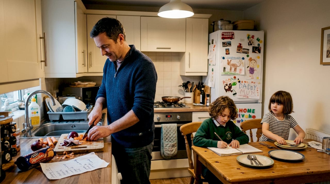 Family preparing meal in UK kitchen
