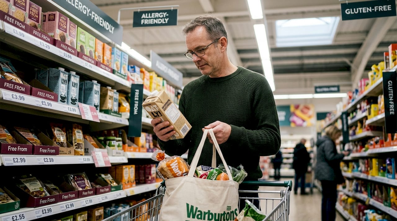 Man reading ingredient labels in supermarket aisle