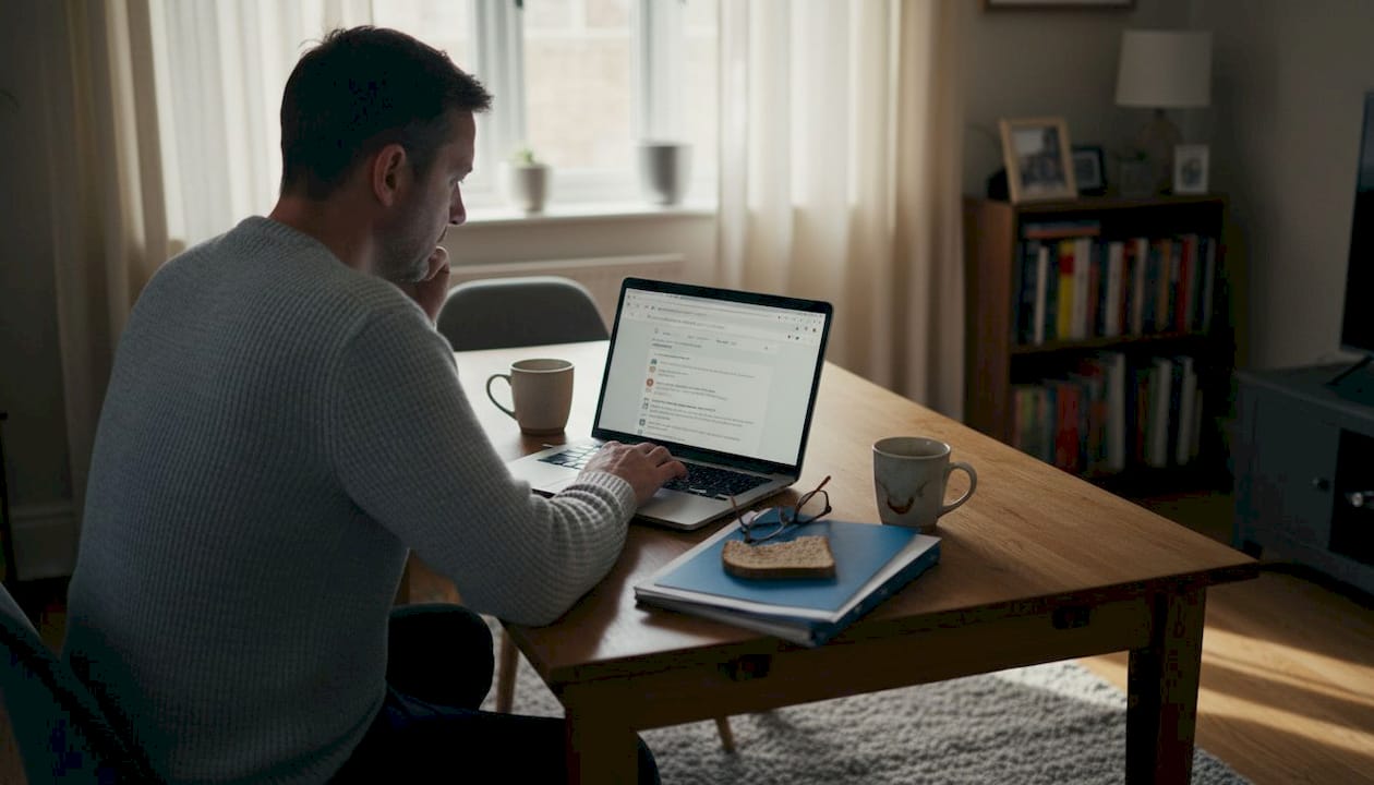 Man researching food intolerance online at table