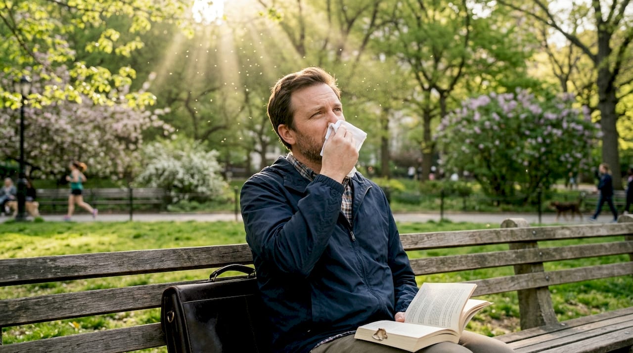 Man experiencing pollen allergy on park bench