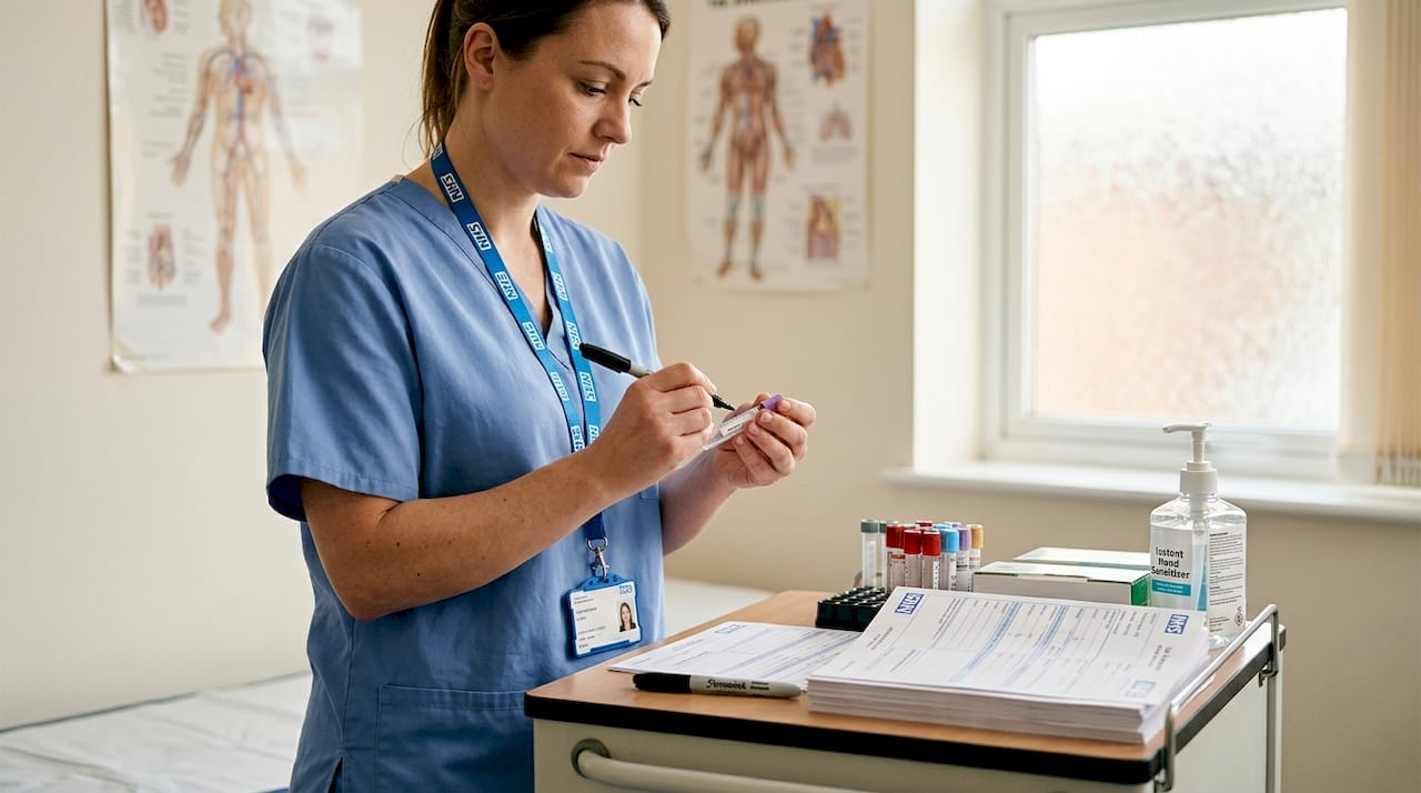 Phlebotomist labeling blood vials in clinic