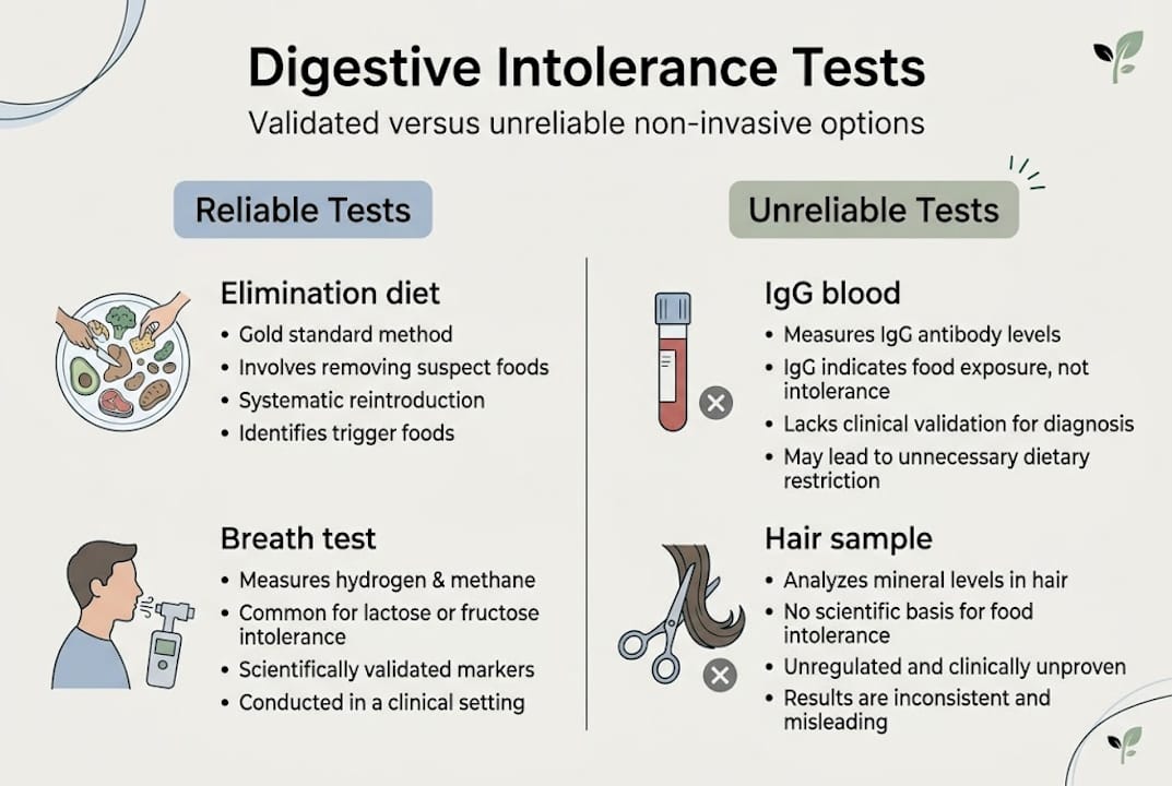 Infographic contrasting reliable and unreliable food intolerance tests
