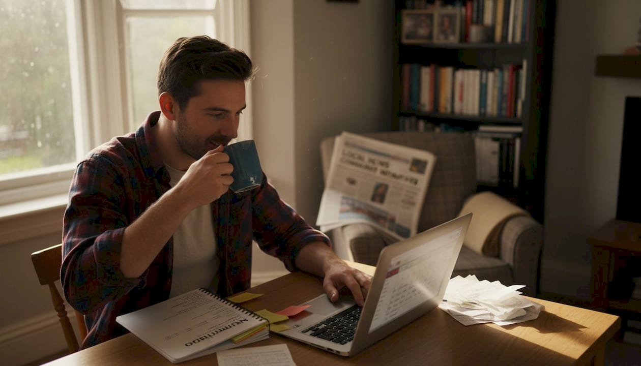 Man tracking elimination diet on laptop at home