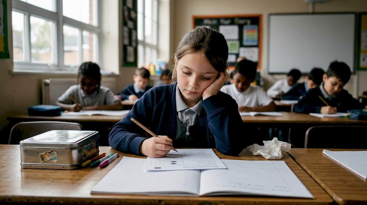 Student showing mild discomfort at classroom desk