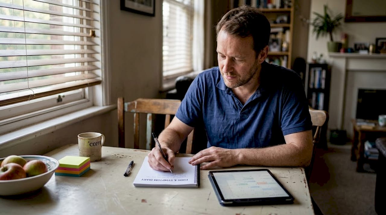 Man documenting food and symptom diary