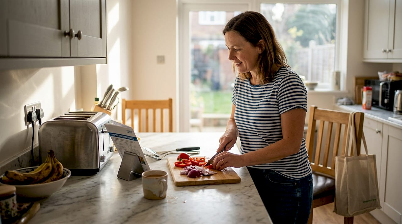 Woman preparing healthy lunch by kitchen island