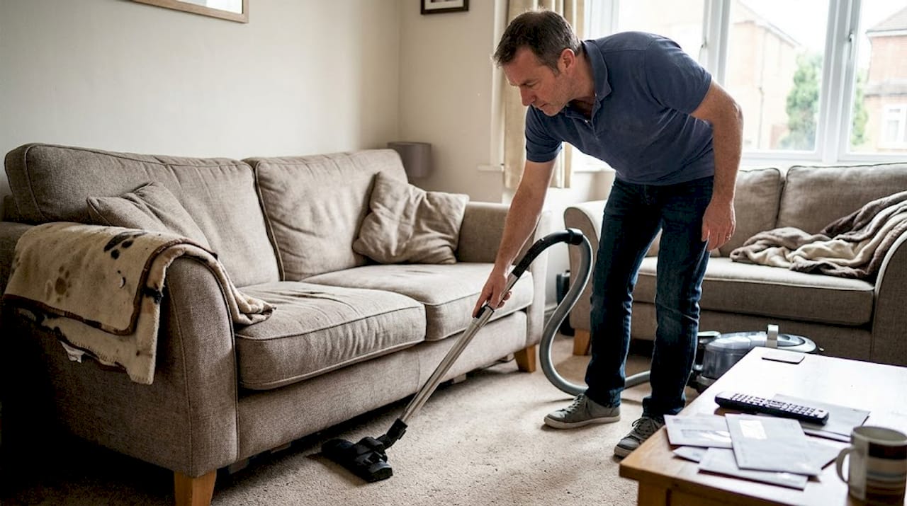 Man vacuuming living room for dust mites