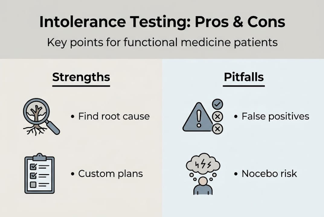Infographic comparing intolerance test strengths and pitfalls