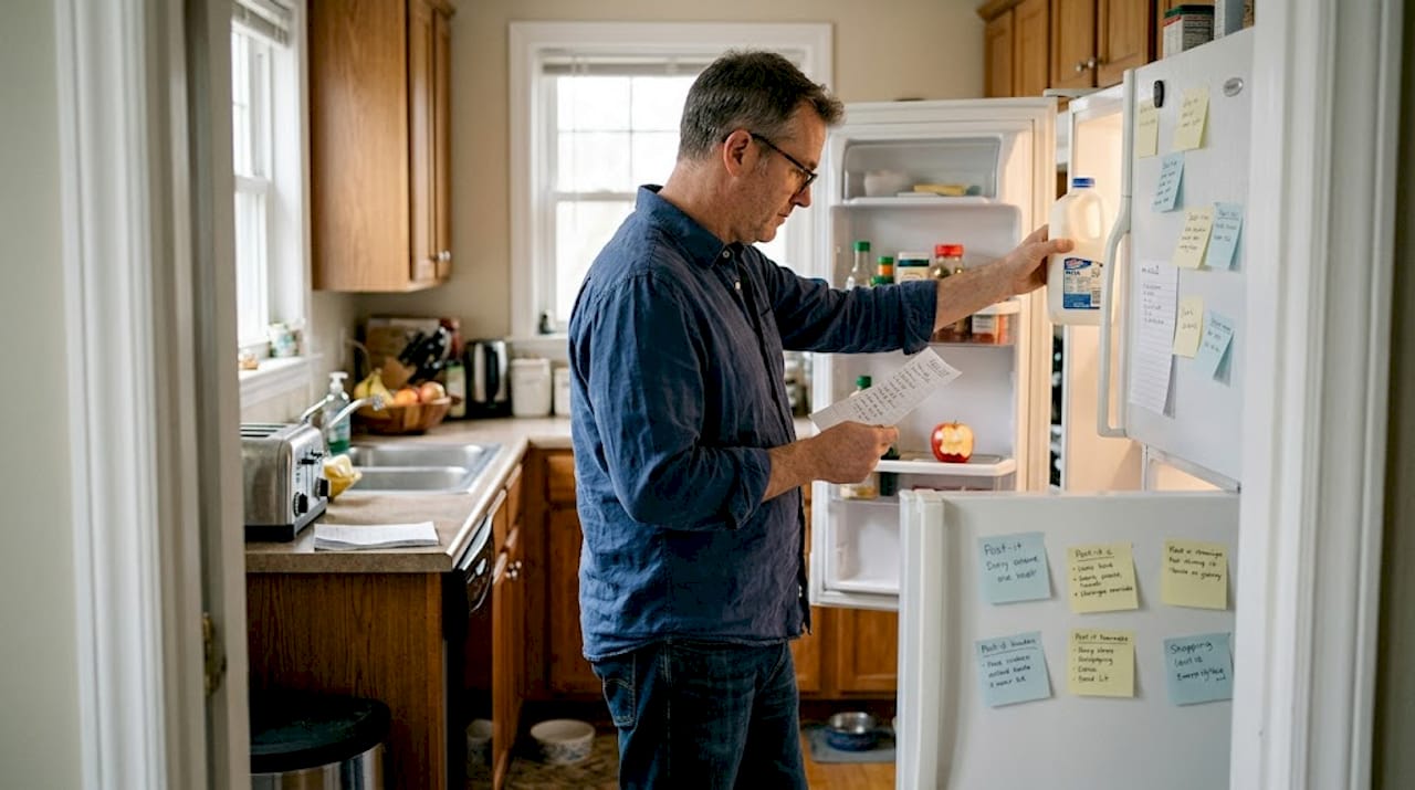 Man checking fridge and notes for dietary choices