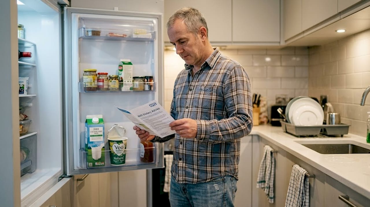 Man reading NHS dietary leaflet front of fridge