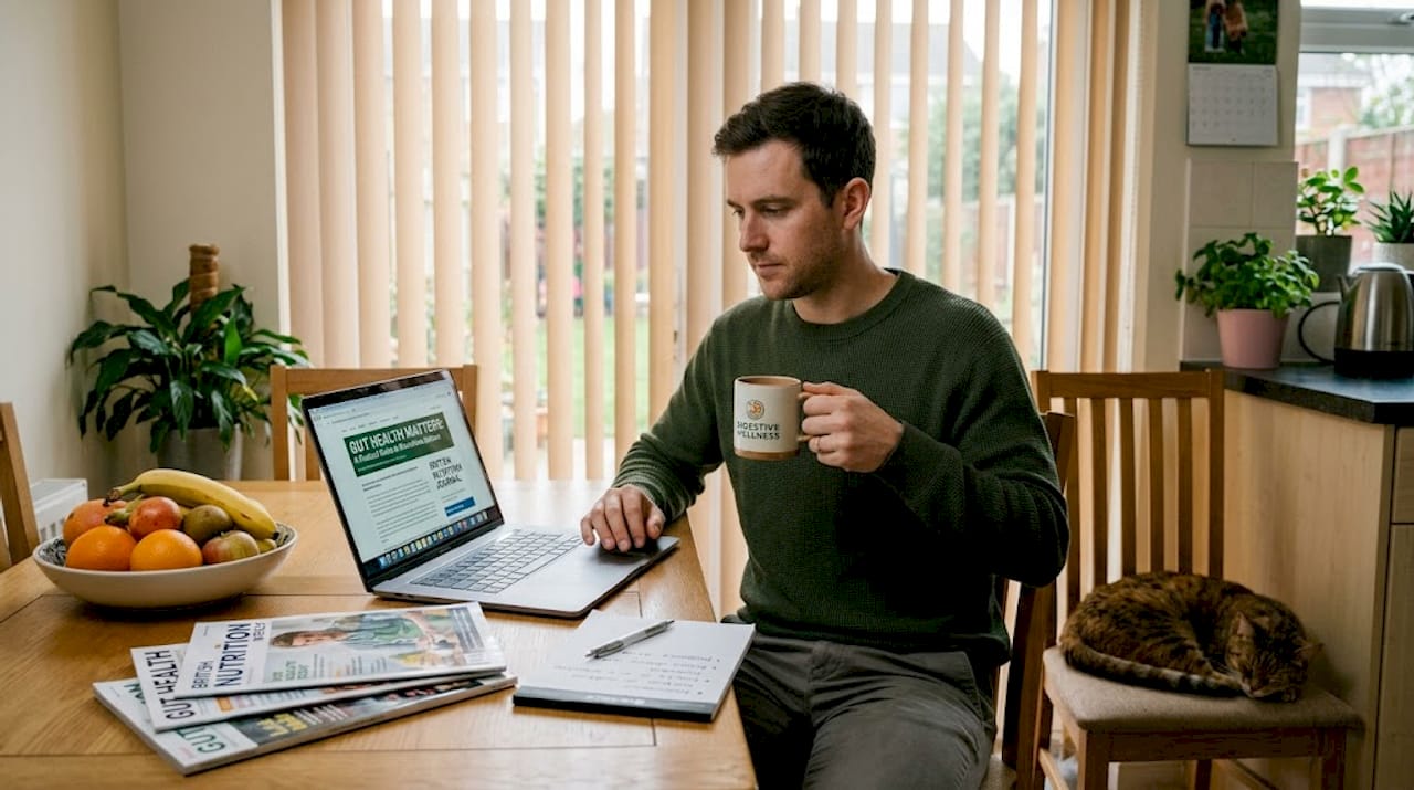 Man reading gut health articles at home
