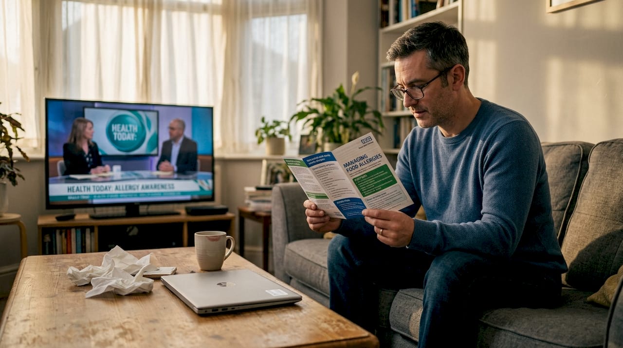 Man reads food allergy pamphlet at home