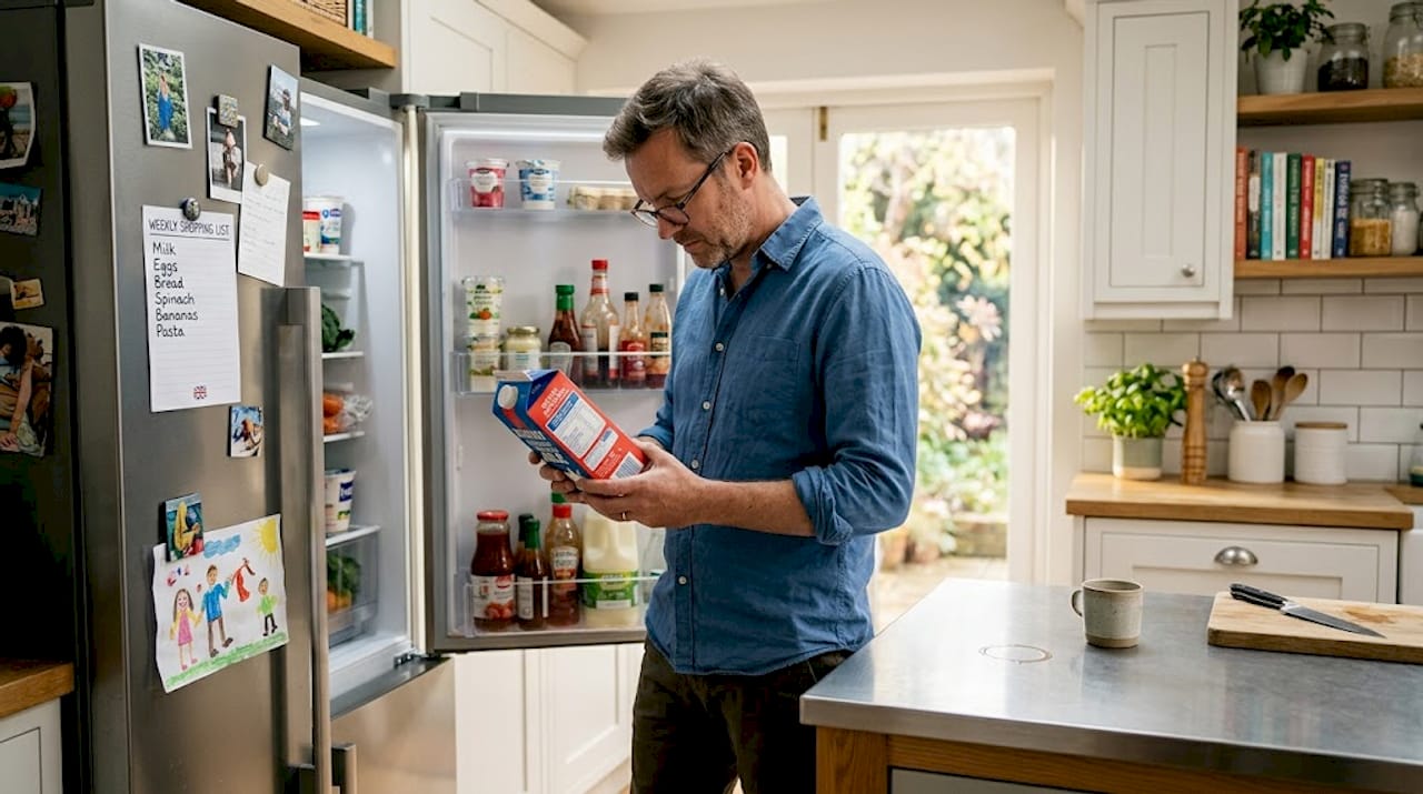 Man reading milk label for intolerance info