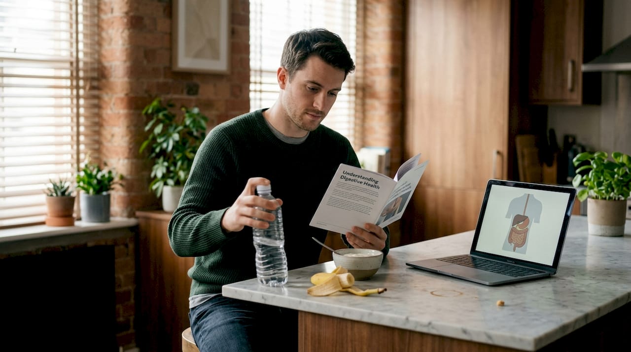 Man reading about digestive nutrition at breakfast bar