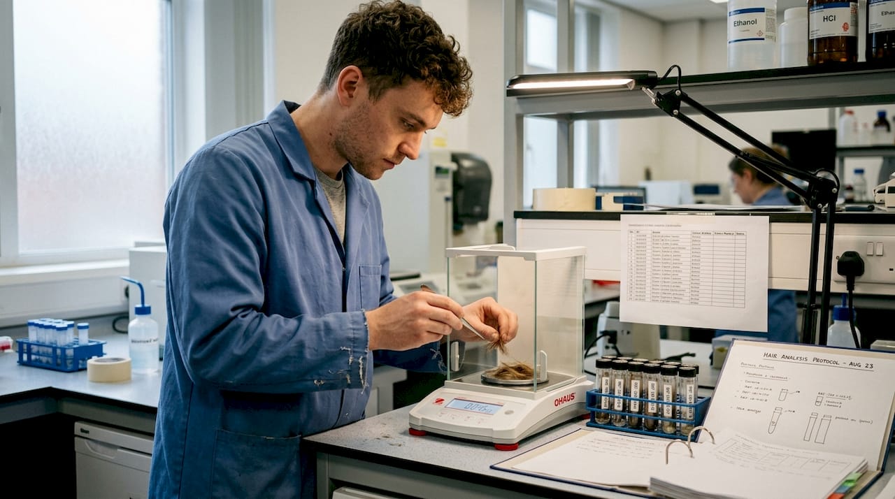 Lab technician preparing hair samples for testing