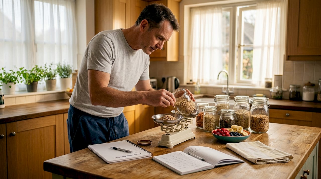 Man preparing elimination diet meal at kitchen counter