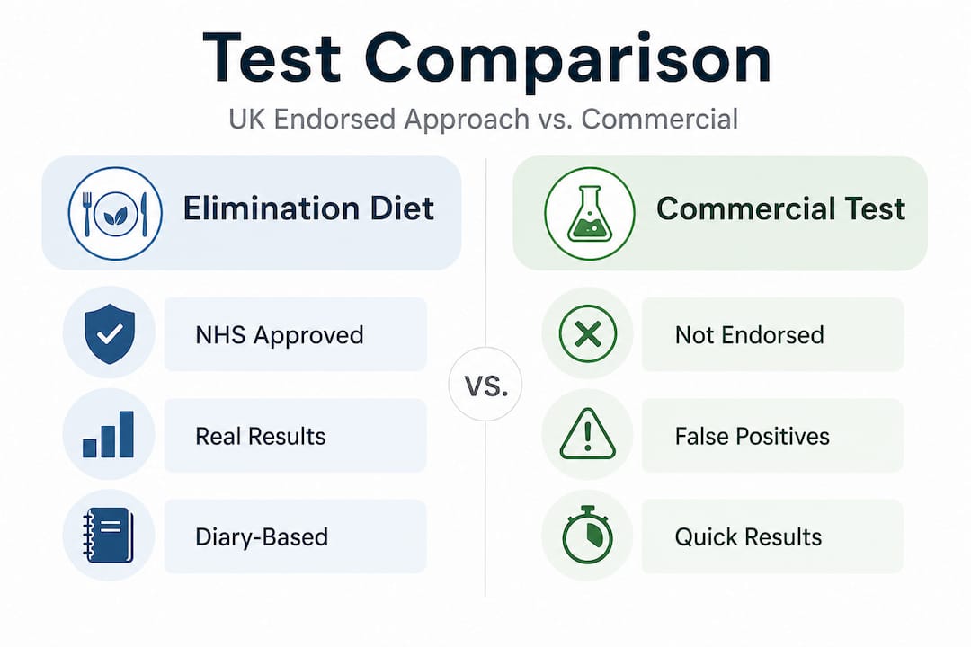 Comparison infographic: elimination diet versus commercial test