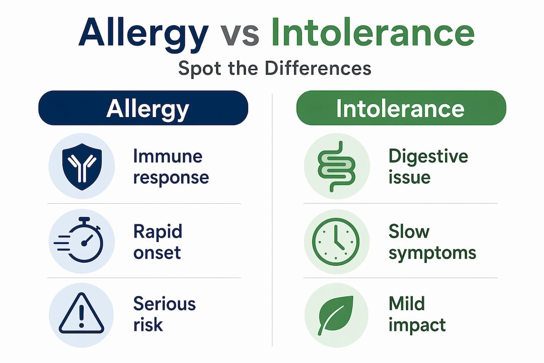 Infographic comparing allergy versus intolerance features