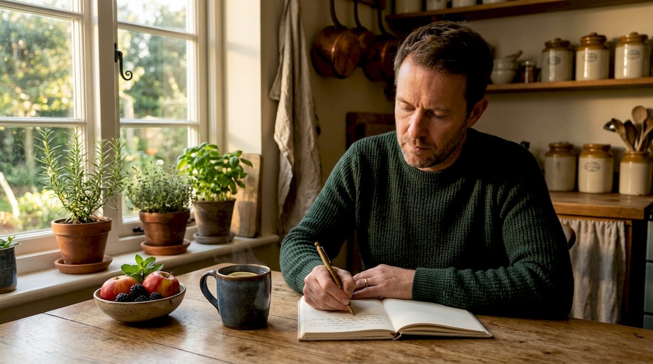 Man writing food diary in relaxed living room