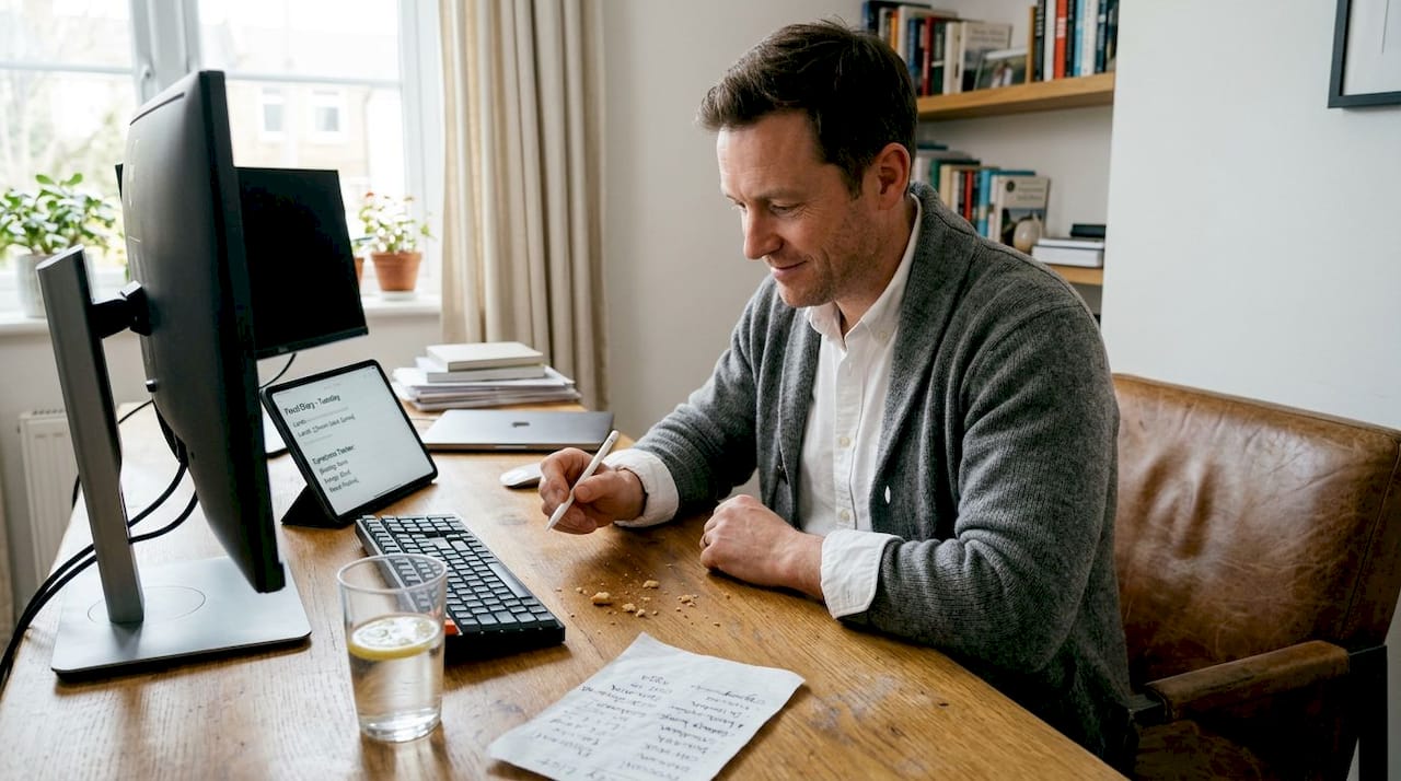 Man updating food diary at home desk