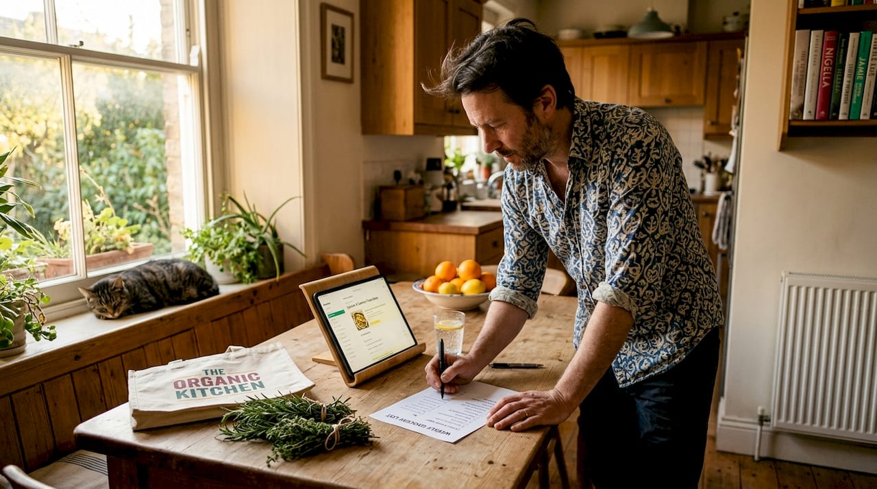 Man planning meals with report and grocery list