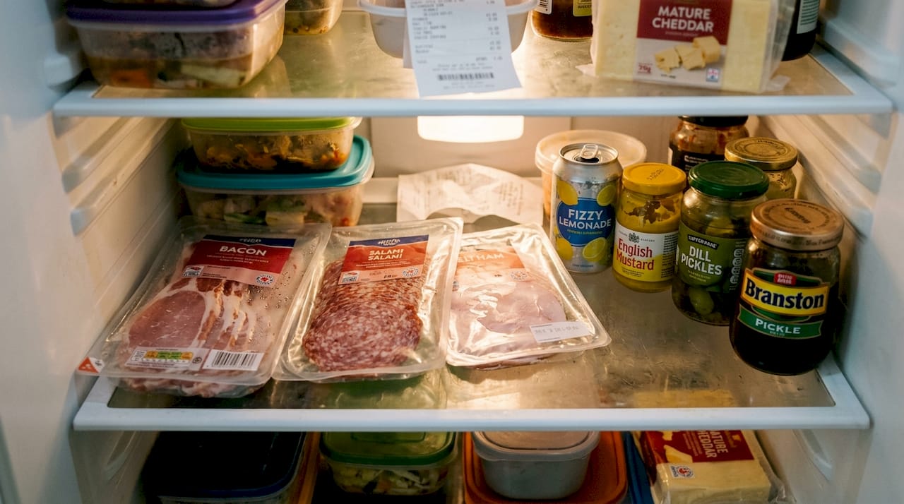 Processed meats stacked on fridge shelf