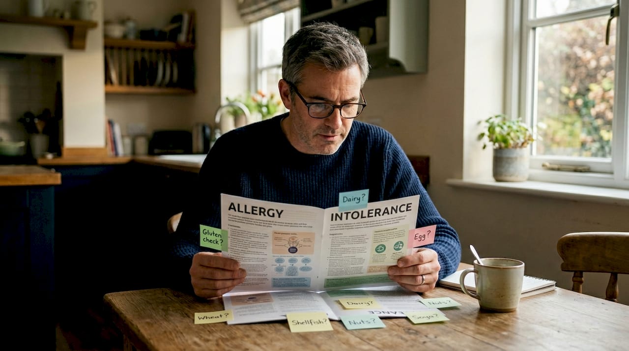 Man reading about allergies versus intolerance