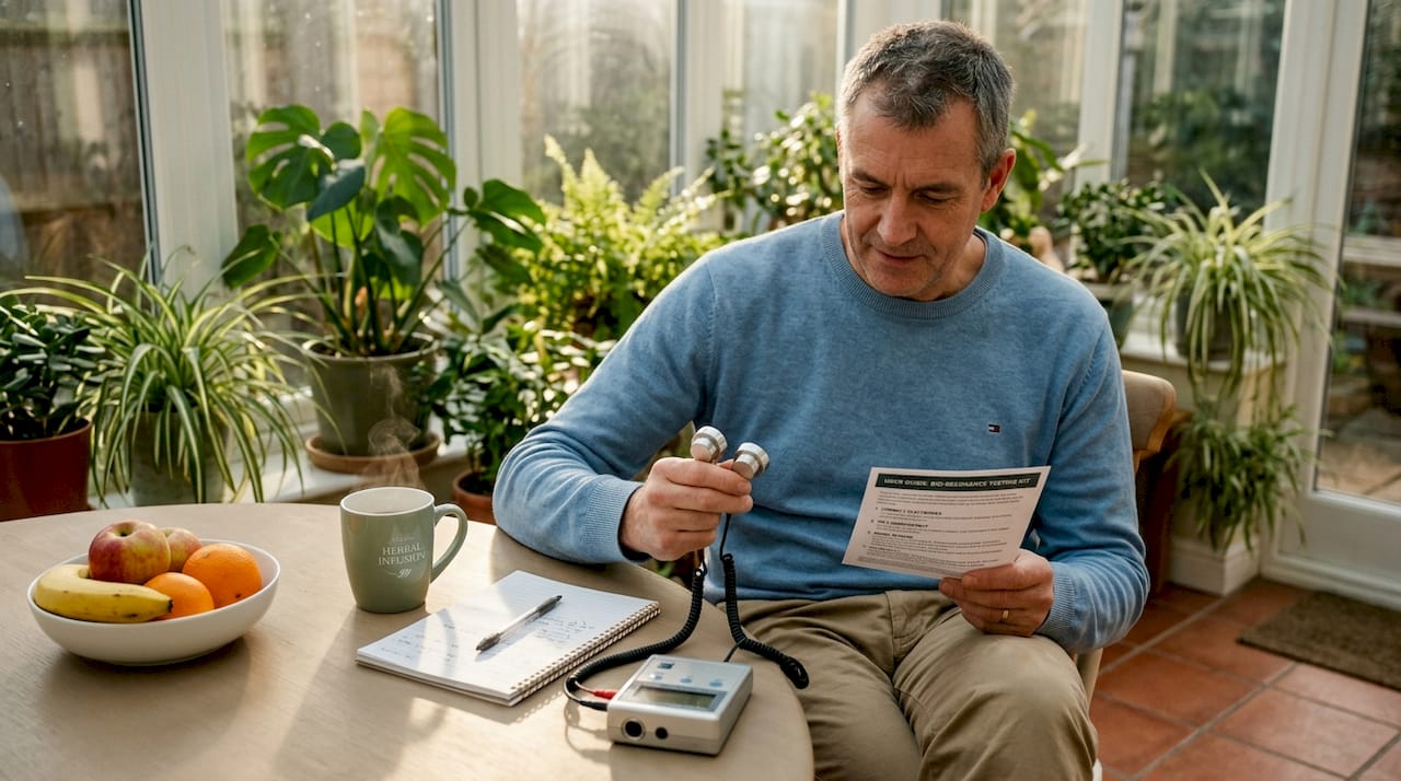 Man using bio-resonance kit at kitchen table