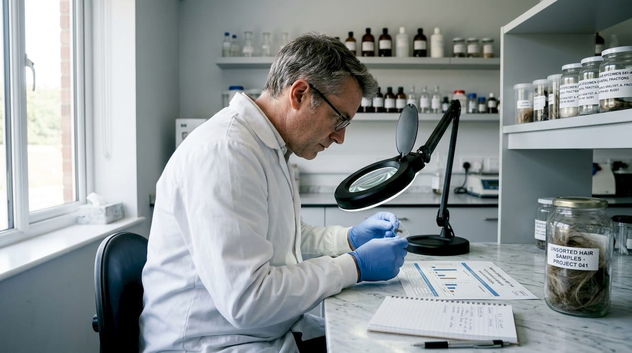 Scientist analyzing hair sample in laboratory setting