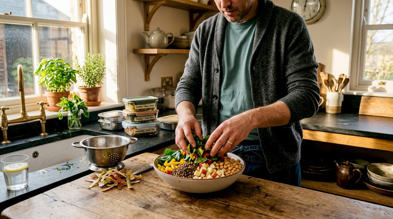 Man prepping multi-plant meal in kitchen